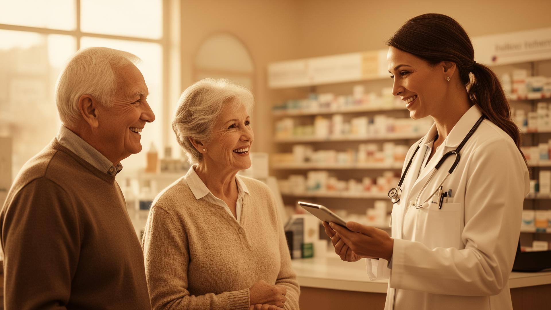 Pharmacist consulting with elderly couple